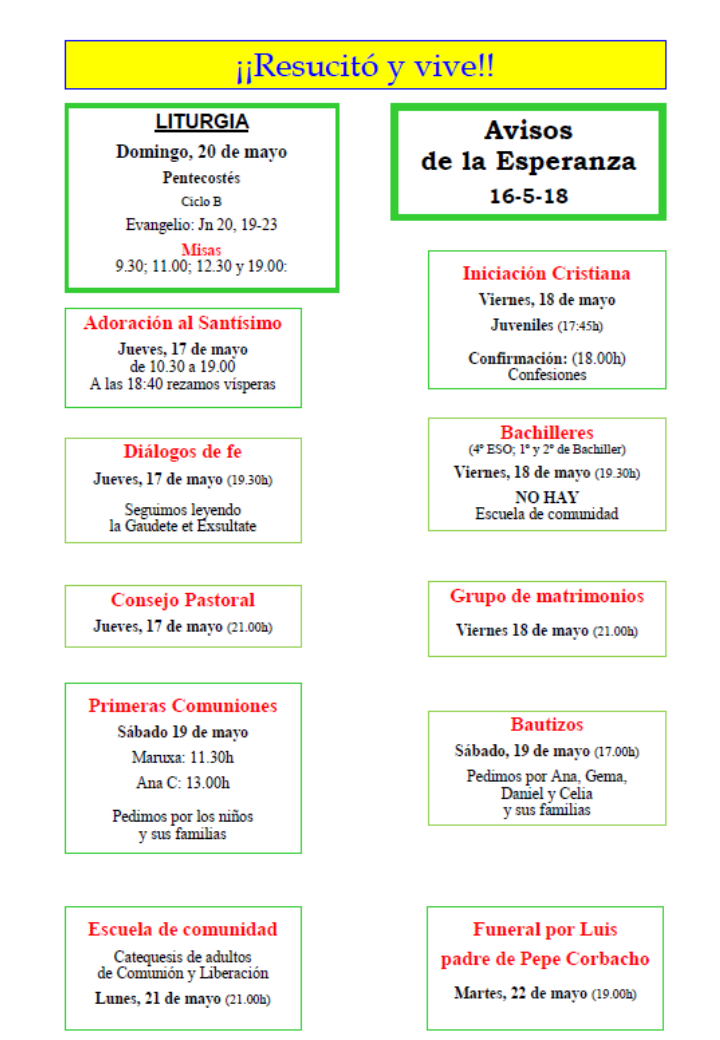 Avisos de la esperanza Todos los avisos y las novedades que se generen en la vida de la Parroquia se mandan semanalmente por correo electrónico. Si se quieren recibir se puede notificar al párroco directamente